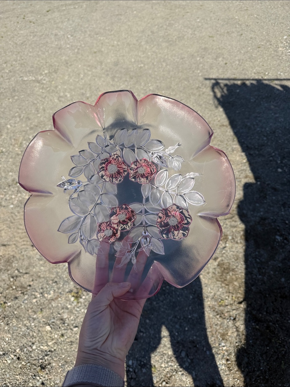 Vintage Floral Etched Glass Decorative Plate - Pink Rim